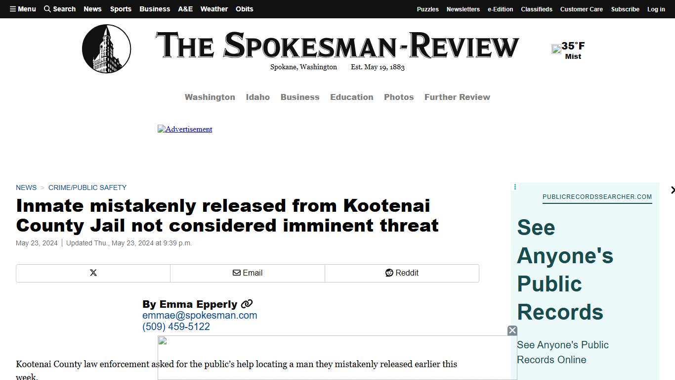 Inmate mistakenly released from Kootenai County Jail not considered imminent threat